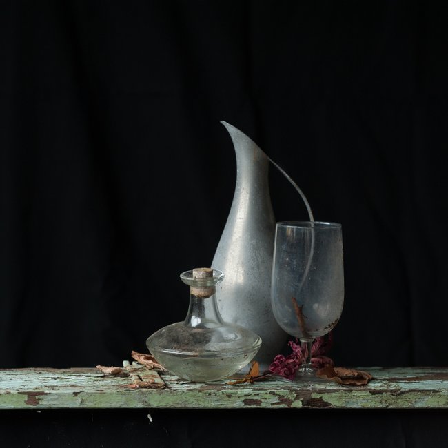 Still life photografy,glass and tin